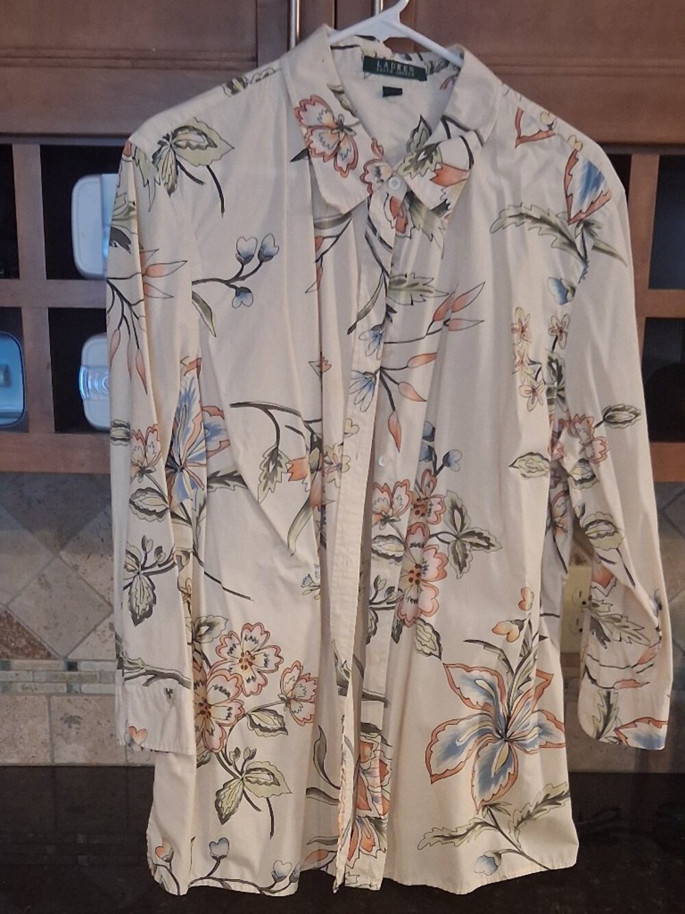 Ralph Lauren Women Spring Floral Print Beige Button Down Shirt Size 2X